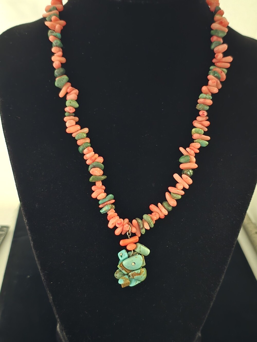 Southwest Pink Branch Coral Turquoise Nugget Pendant Necklace Vintage 1980s